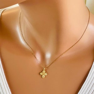 Tiny gold four-way cross charm necklace, miraculous Jesus  sterling silver gold filled religious jewelry, small gold cross necklace gift