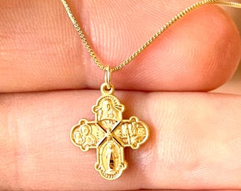 Collar pequeño de oro con cruz de cuatro vías: Medalla milagrosa, cadena de plata esterlina fina tipo caja, dije de 15 x 1 mm