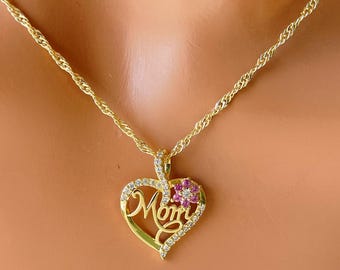 14k Gold Filled Mom Heart Charm Pink Flower Necklace Gift SINGAPORE CHAIN elegant Jewelry