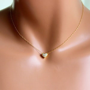 Gold Heart Charm Necklace, Heart Pendant Necklace, Silver Gold Heart Choker  Little Girls Women Jewelry Gift Dainty Pave Crystal Heart