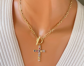 Large 14K Gold Filled Colorful Cross Necklace: Toggle Front Thick Chain CZ Pendant Long Short 3 to 1 Link Paperclip Christian jewelry