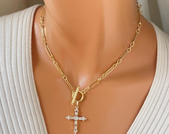 14K Gold Filled Cross Choker Necklace: Toggle Clasp Thick Chain Large CZ Pendant Long Short 3 to 1 Link, Paperclip Chains, Christian jewelry