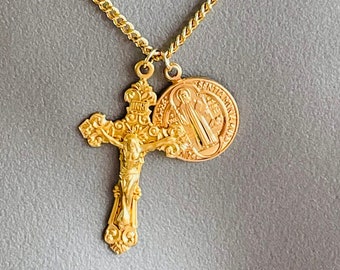 Men's Gold Crucifix Cross Necklace Saint Benedict Pendant Necklace