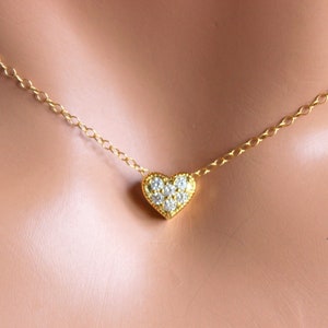 Small Gold Heart Charm Necklace, Dainty Heart Pendant Necklace, Silver Gold Heart Choker  Little Girls Women Jewelry Gift Pave Crystal Heart