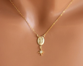 Small Gold miraculous charm necklace, sterling silver gold filled star, miraculous necklace, catholic jewelry, gift women READ DESCRIPTION