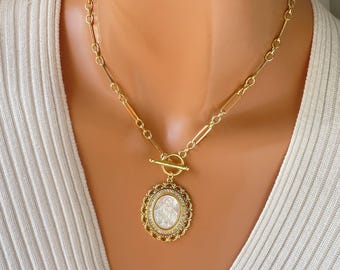 14K Gold Filled Mary Miraculous Necklace: Toggle Thick Chain Mothers of a Pearl Pendant Paperclip Chain Catholic jewelry Gift for Mom