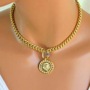 SALE Gold Chain Necklace, Gold Lion Head, Thick Chain, Gold Filled Chunky Chain, Choker Necklace, Coin Necklace, Curb Chain, Women