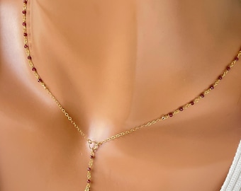 Dainty 14k Gold Filled Evil Eye Necklace Petite Y Style Lariat Tiny Garnet beads Charm Jewelry Garnet, labradorite, pearls