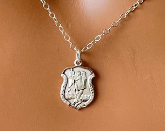 Dainty Sterling Silver Saint Michael Charm Necklace: Small Gold charm, Catholic Jewelry, Shield Cable Chain