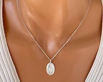 Sterling Silver Miraculous Medal Necklace, Catholic Religious Gifts Women Jewelry 14k Gold Filled Mary Charm BOX CHAIN