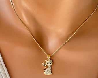 14k Gold Filled Kitty Cat Charm Necklace BOX CHAIN, Pave Kitten pendant sterling silver available