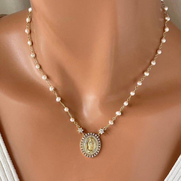 Gold Filled Miraculous Medal Necklace: Pearl Choker, Catholic Jewelry