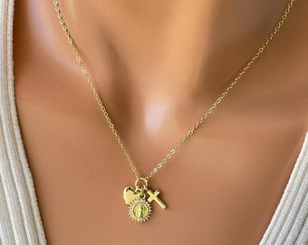 14k Gold Filled Mary Heart Cross Charm Necklace Women Girls, Catholic Jewelry Gift Triple Pendant