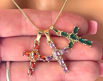 Gold filled cross charm necklace, green purple, orange, CZ cross, charm, Christian jewelry, 14K gold filled cross necklaces, gift for Mom