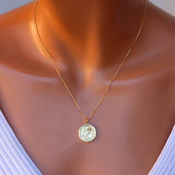 Owl Charm Necklace Gold Owl Pendant Necklaces Gold Coin Ancient Coin Jewelry Women Box Chain 14k Gold Filled Gift