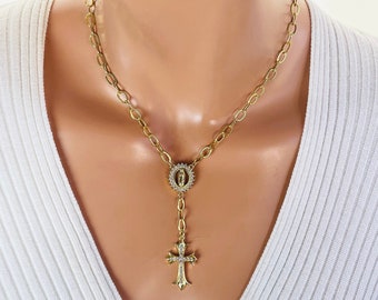 Sale Gold filled rosary chain choker necklace women miraculous cross necklace Gold rosary necklaces crystal cross gift for her