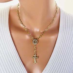 Sale Gold filled rosary chain choker necklace women miraculous cross necklace Gold rosary necklaces crystal cross gift for her