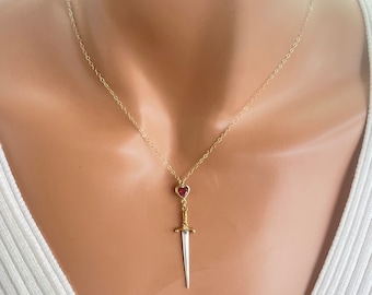 Sterling Silver Sword Necklace: 14k Gold Filled Heart Lariat for Women Girls