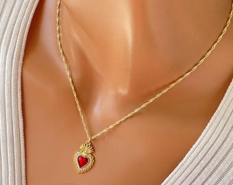 14k Gold Filled Sacred Heart Pendant Necklace Women RED Flaming Heart Charm SINGAPORE Chain Religious Jewelry