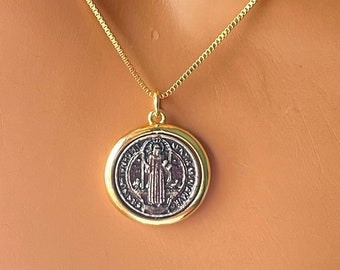 14K gold filled Saint Benedict charm necklace, box chain, gold Benedict coin, protection, necklace, St Benedict cross necklaces, women gift