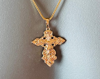Mens Large Crucifix Cross Pendant Necklace 18kt Gold Filled Elaborate Jesus cross necklace box chain gift for him cross pendant necklaces