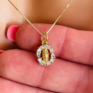 Dainty 14k gold filled our lady of Guadalupe charm necklace, women girls, box chain  CZ Virgin Mary pendant necklaces small tiny Mary charm