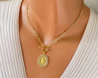 14K Gold Filled Mary Pendant Necklace: Toggle Thick Chain CZ Long Short Paperclip Chain Catholic jewelry Gift for Mom
