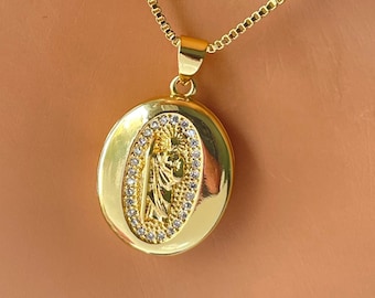 Gold Saint Jude pendant necklace, gold locket necklaces, St Jude charm necklace, box chain, religious Catholic jewelry, gift for mom lockets