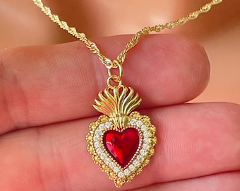 14k Gold Filled Sacred Heart Pendant Necklace Women RED Flaming Heart Charm SINGAPORE Chain Religious Jewelry
