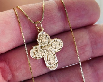 Gold Four Way Cross Necklace Women Sterling Silver Fourway Cross Charm Neckalce Sacred Heart Cross Cruciform Religious Catholic Box Chain