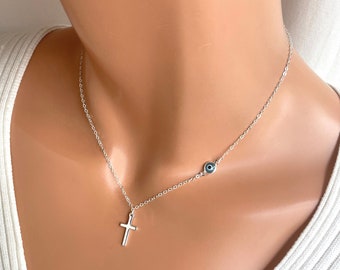 Sterling Silver Cross Necklace: Light Blue Evil Eye Charm, Women's Jewelry, protection