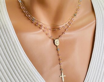 14K gold filled rosary necklace lavender Swarovski crystal multistrand cross necklaces Mary miraculous catholic jewelry gift for women Bride