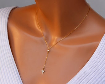 Dainty Rosary Necklace Gold Filled Tiny Small Crystal Cross Gold Rosary Minimalist Simple Necklaces Religious Beautiful Jewelry
