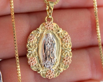 TWJC 14k Yellow Gold Religious Our Lady of Guadalupe Enamel Picture Charm Pendant