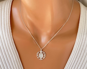Sterling Silver Mary Charm Necklace BOX CHAIN, Miraculous Pendant Catholic Jewelry Girls Confirmation, Religious Gift
