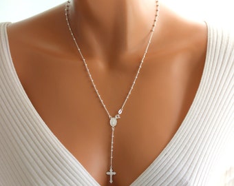 Dainty Sterling Silver Rosary Necklace: Miraculous Medal, Crucifix Cross - Catholic Jewelry on SALE