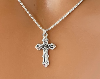 Small Sterling Silver Crucifix Necklace Women Girls Catholic Cross Charm Gold Crucifix Necklaces Jewelry Confirmation Gift Religious Jesus