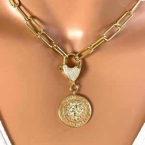 SALE Gold Lion Pendant Necklace Paper Clip Chain Choker Women Thick Chunky Chain Long Link Chain Large Link Lion Necklaces Jewelry Gift