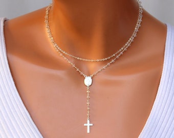 Sterling Silver Rosary Necklace: Miraculous Medal, Crystal Accent