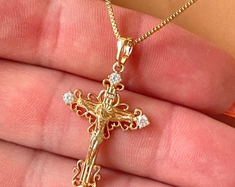 18K Gold Filled Crucifix Cross Necklace: Catholic Religious Jewelry, Box chain