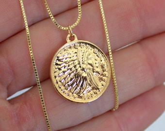 Indian Chief Gold Coin Necklace Indian Head Gold Medallion Necklace Gold Filled Box Chain Necklace