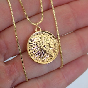 Indian Chief Gold Coin Necklace Indian Head Gold Medallion Necklace Gold Filled Box Chain Necklace