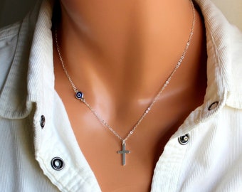 Blue Evil Eye Cross Necklace: Sterling Silver Protection Charm Jewelry