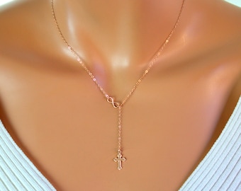 Tiny Rose Gold Cross Infinity Necklace Small Delicate Jewelry Lariat Y Necklaces Women Young Girls Confirmation Simple Gift for her
