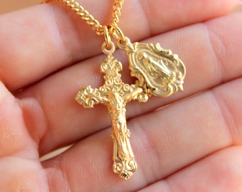 Gold Crucifix & Miraculous Medal Sterling Silver Pendant Necklace