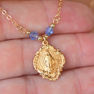 Gold Mary Charm Necklace Miraculous Medal Necklaces Sterling Silver Mary Pendant Necklaces Blue Swarovski Crystal Gift for mom Catholic