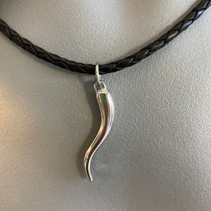 Large Italian Horn Pendant Necklace 925 Sterling Silver Horn Leather Rope Silver Cornetto Cornicello Jewelry Men Protection Lucky Gift