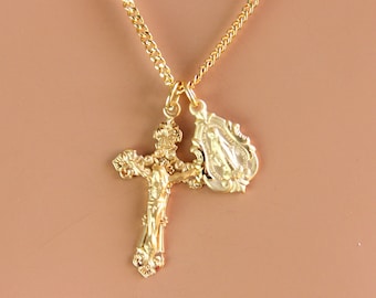Gold Crucifix Cross & Miraculous Medal Sterling Silver Pendant Necklace, for men or women