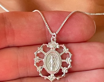 Sterling Silver Miraculous Medal Necklace BOX CHAIN, Mary Charm Catholic Jewelry Confirmation Gift for Girls Mom Baptism, Religious