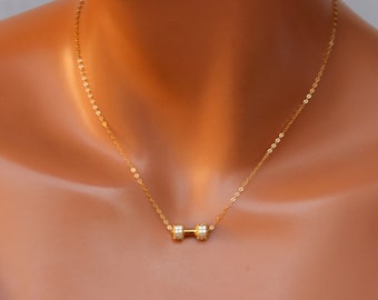 Gold Dumbbell Necklace: CZ Barbell Charm, Bodybuilding Gift
